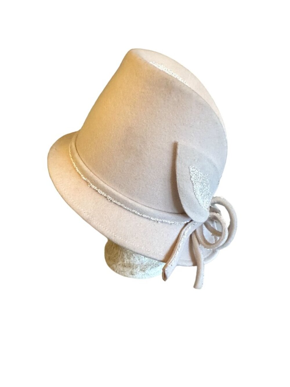 Deborah Hat Cream Wool Felt Glitter Asymmetrical Crown Bow Cloche‎ Elegant